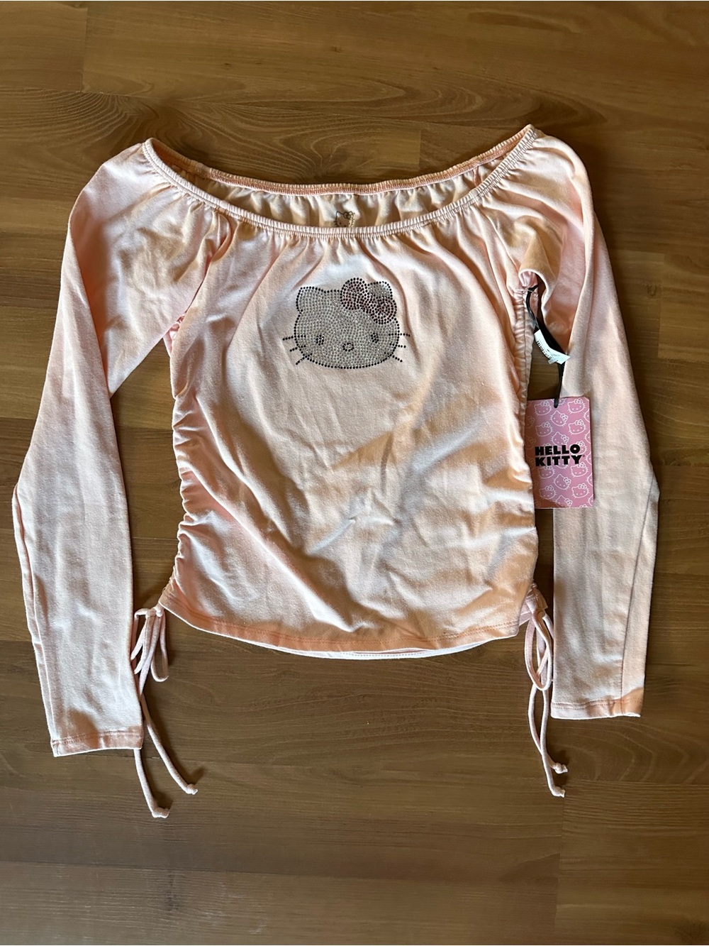 🆕 Hello Kitty Rhinestone Light Pink Off-Shoulder Ruched Long Sleeve Top